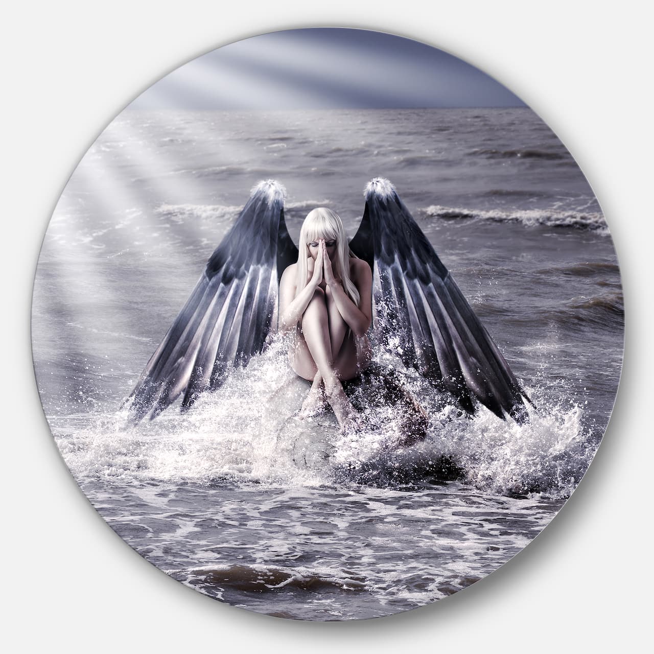 Designart - Woman with Dark Angel Wings' Beach Metal Circle Wall Art